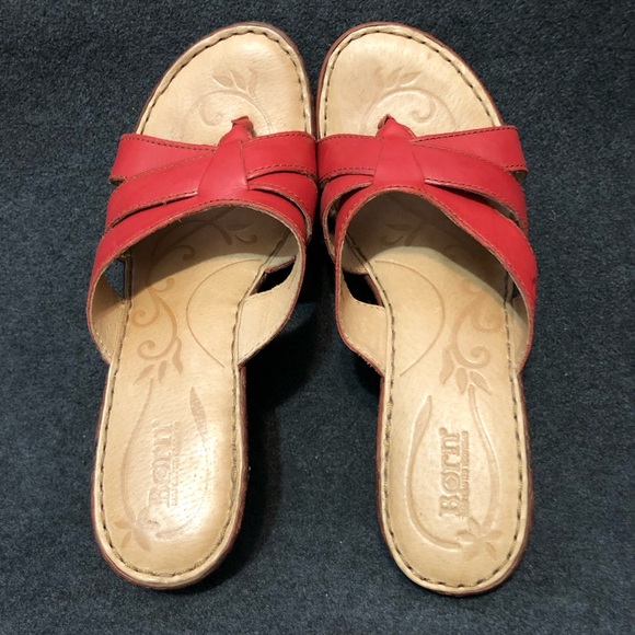 Born Shoes Women’s Red Leather Strappy Thong Wedge Slip On Sandals Size 10/42 - Picture 5 of 10
